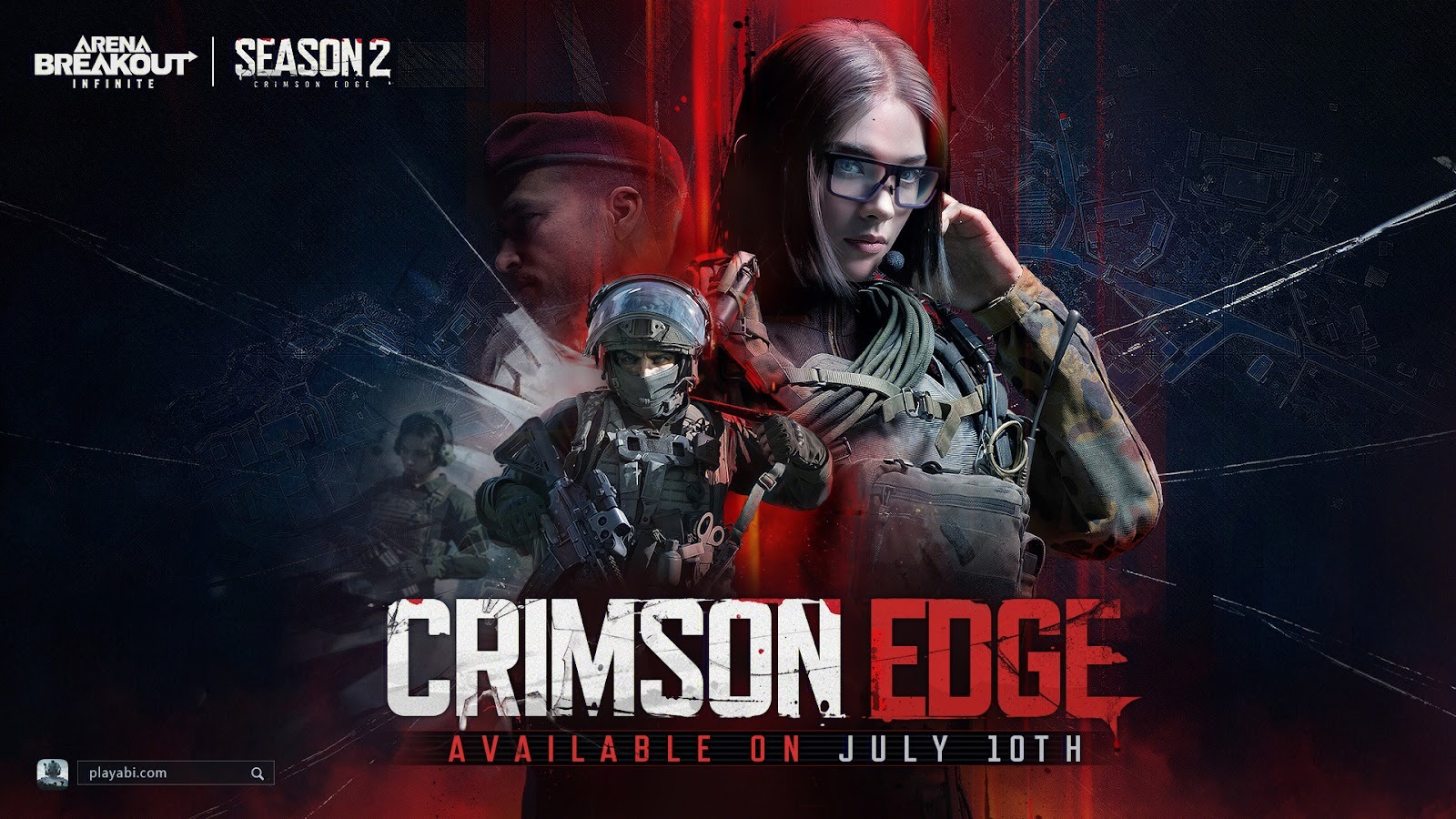 Artwork promozionale della Season 2 Crimson Edge di Arena Breakout Infinite, con Hecate, nuovo boss in primo piano.
