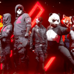 Personaggi stilizzati di The Finals posano in una scena dallo stile futuristico, con maschere e costumi eccentrici davanti a un fondale rosso acceso.