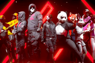 Personaggi stilizzati di The Finals posano in una scena dallo stile futuristico, con maschere e costumi eccentrici davanti a un fondale rosso acceso.