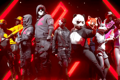 Personaggi stilizzati di The Finals posano in una scena dallo stile futuristico, con maschere e costumi eccentrici davanti a un fondale rosso acceso.