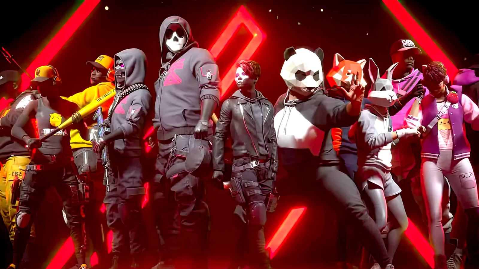 Personaggi stilizzati di The Finals posano in una scena dallo stile futuristico, con maschere e costumi eccentrici davanti a un fondale rosso acceso.
