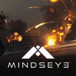 Due protagonisti armati in una città futuristica con il logo di Mindseye in primo piano
