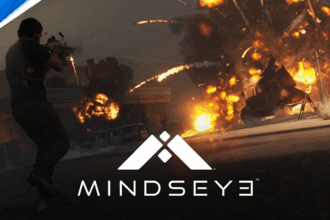 Due protagonisti armati in una città futuristica con il logo di Mindseye in primo piano