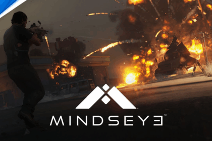 Due protagonisti armati in una città futuristica con il logo di Mindseye in primo piano