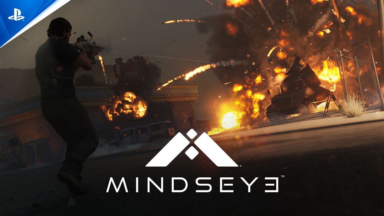 Due protagonisti armati in una città futuristica con il logo di Mindseye in primo piano
