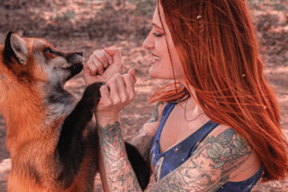 Mikayla Raines gioca con una volpe salvata nel rifugio Save A Fox