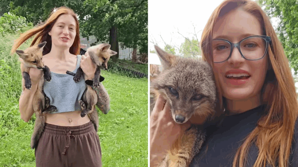 Mikayla Raines posa con le volpi del rifugio