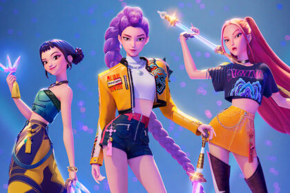 Le tre protagoniste idol sul poster di KPop Demon Hunters, film animato Netflix campione di visualizzazioni.