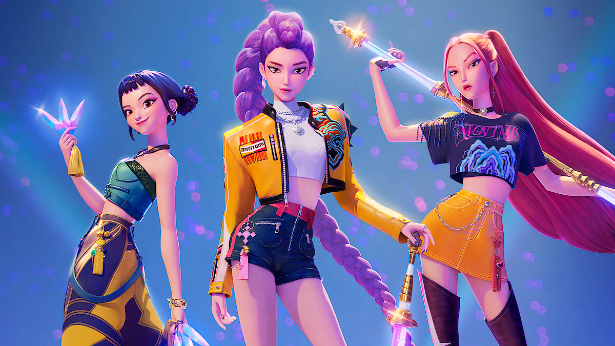 Le tre protagoniste idol sul poster di KPop Demon Hunters, film animato Netflix campione di visualizzazioni.