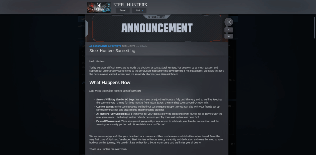 Annuncio di Steel Hunters sulla chiusura del gioco dopo 3 mesi dal lancio