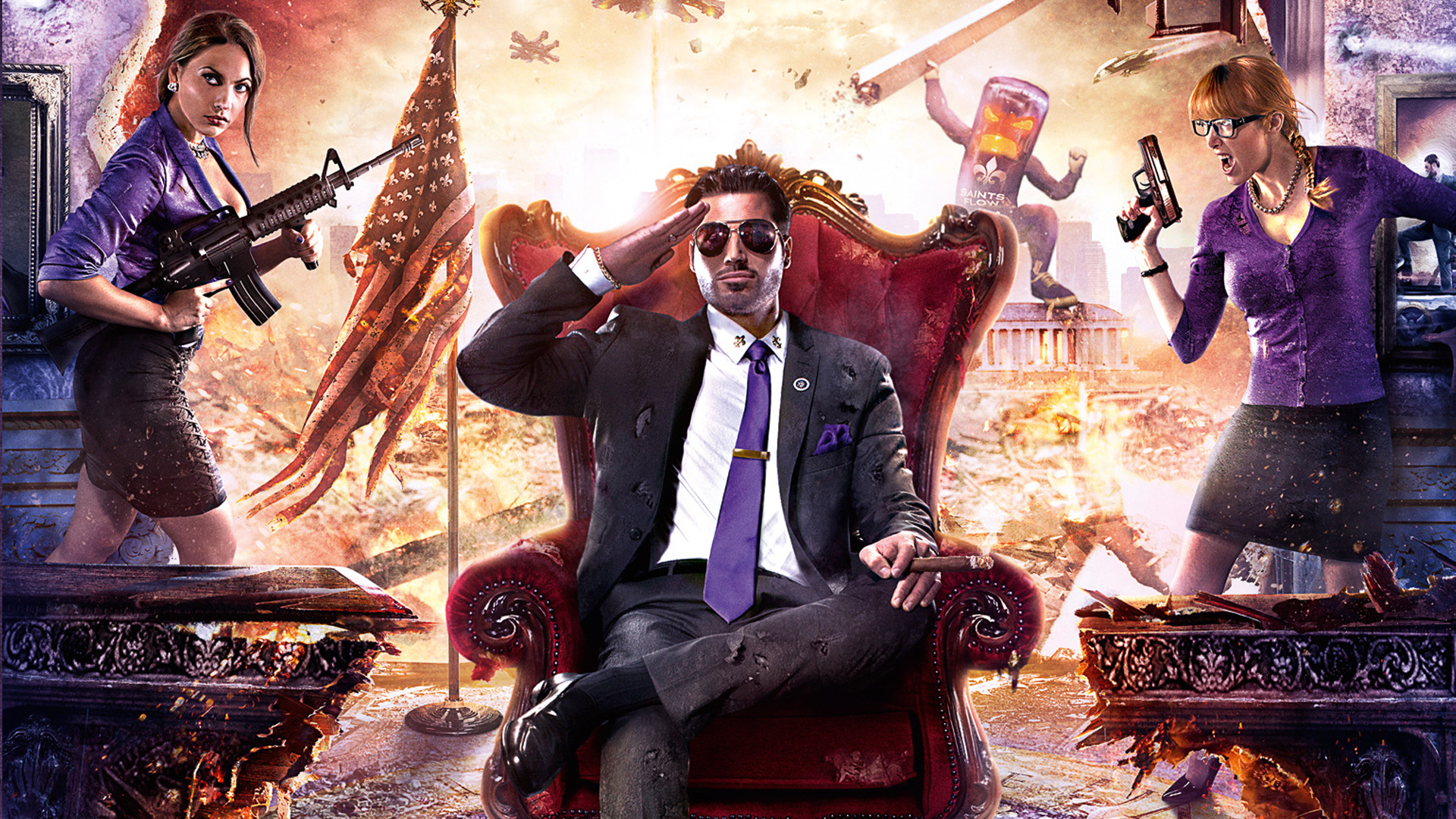 Arte promozionale di Saints Row reboot con la città e i protagonisti
