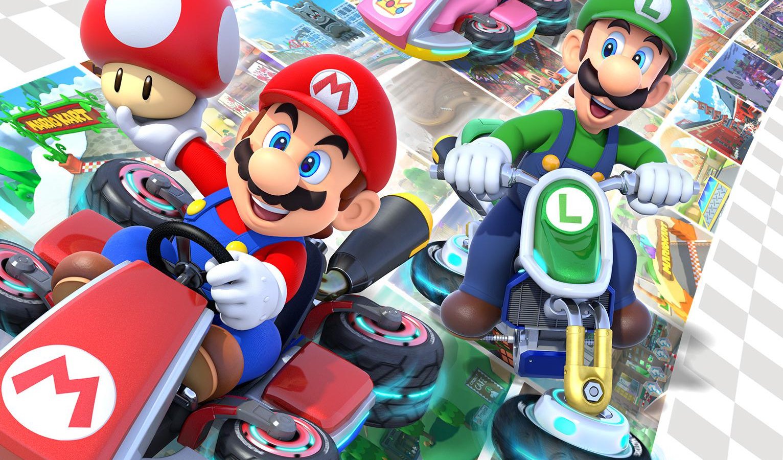 Schermata di gioco di Mario Kart 8 Deluxe con personaggi su pista